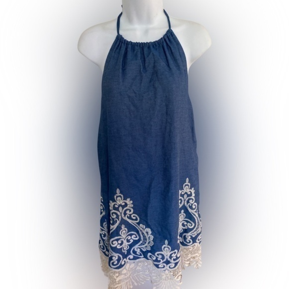 Sage Halter Dress - M blue , cream embroidered. , lined all cotton